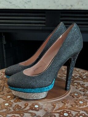 Betsey Johnson Black Platform Shoes Silver Blue Glitter Heels Platform Size 7